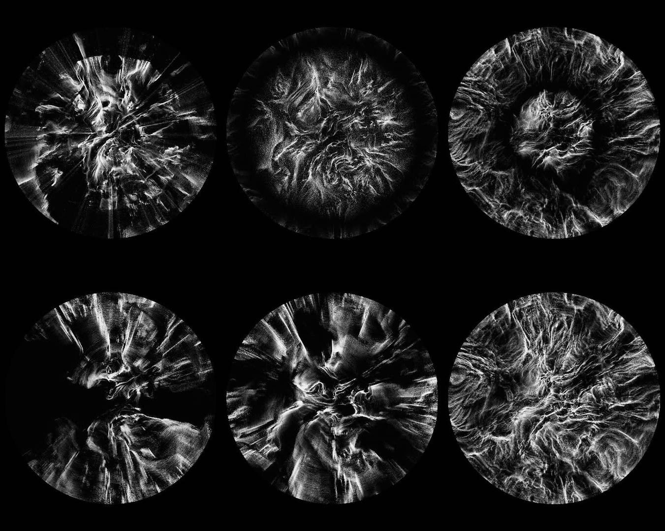 A grid of six white iris-like circles, each with a different swirling texture