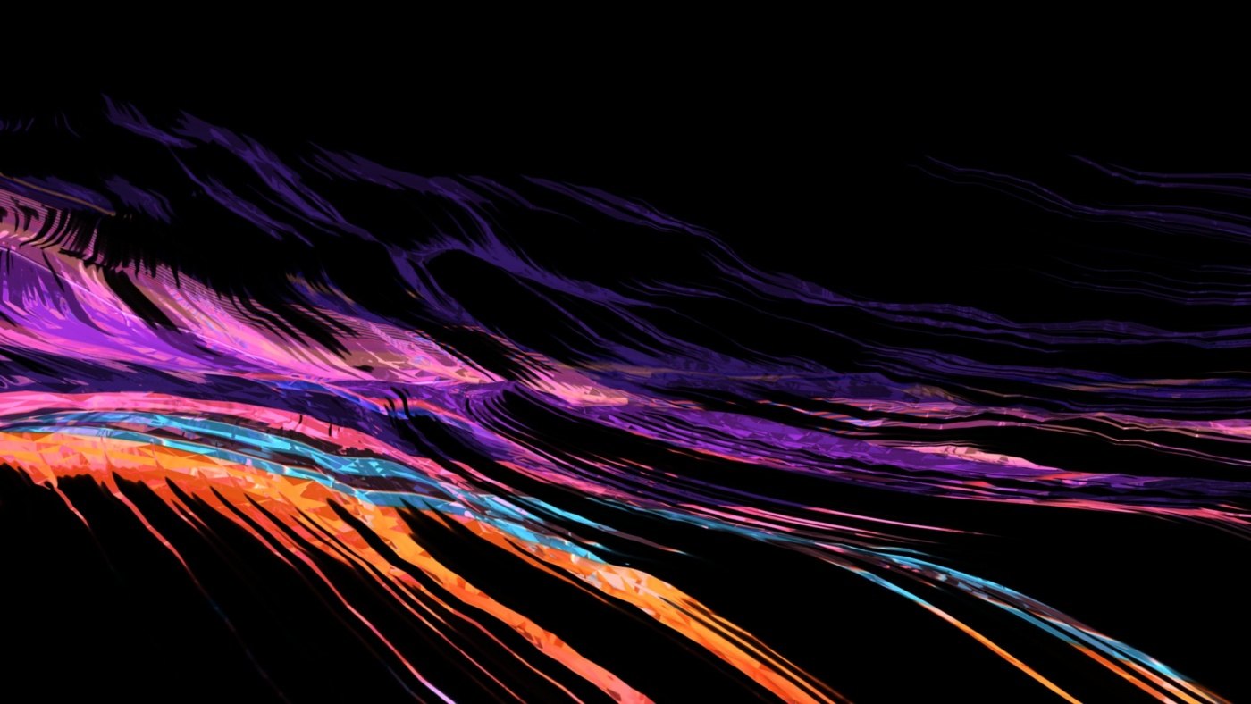 Flowing ribbons of purple, blue and orange light moving left to right
