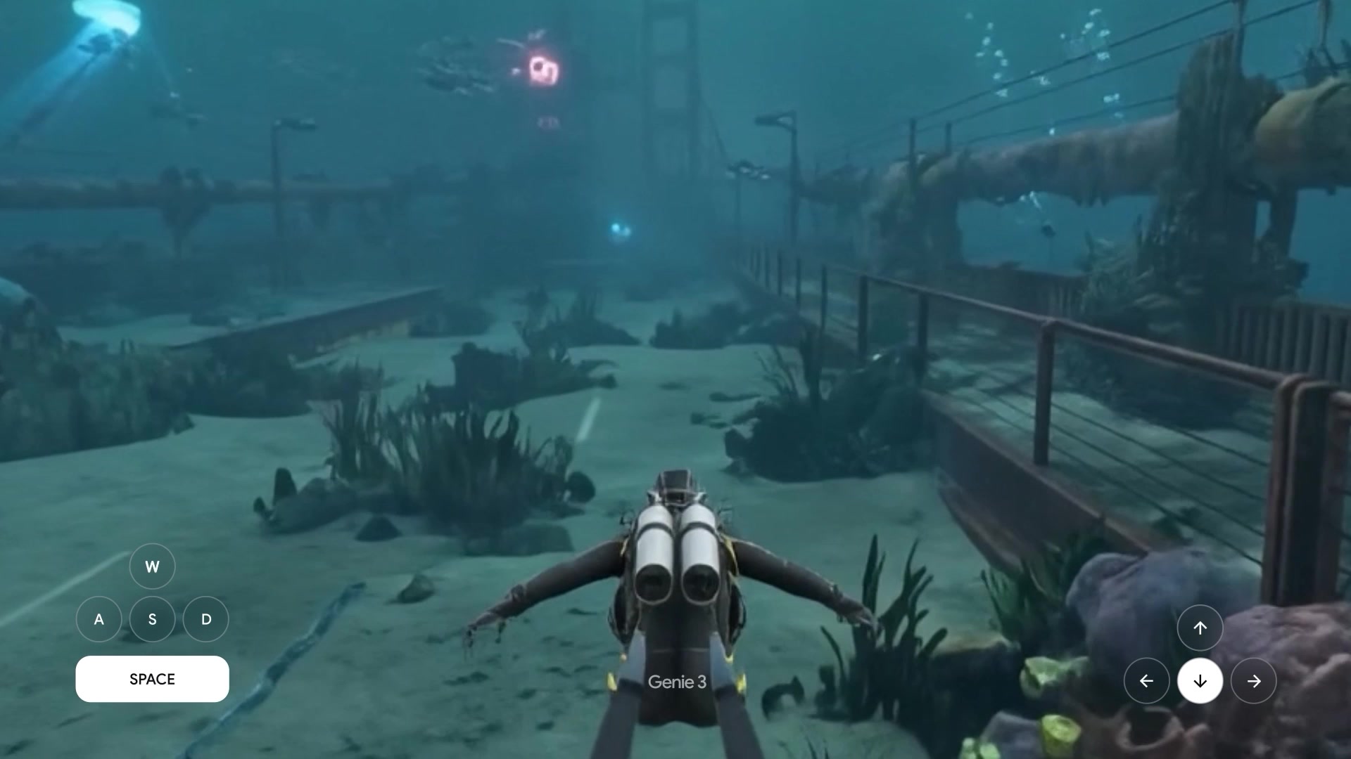 Genie 3 simulating an underwater scuba scene grounded on the Golden Gate Bridge Street View frame