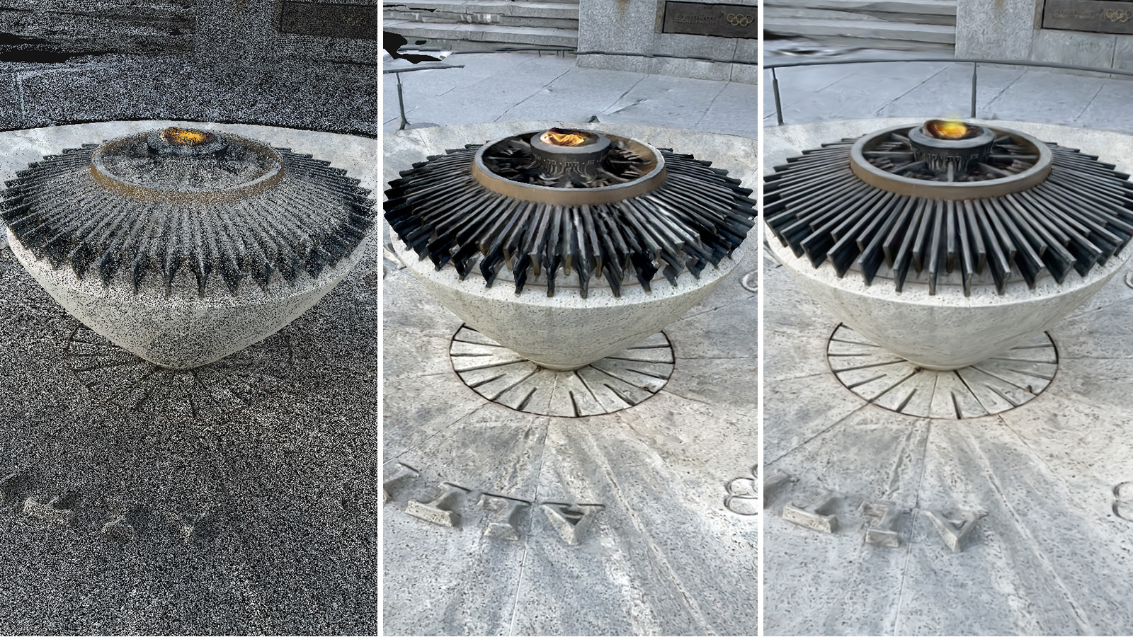 The same stone fountain shown three ways, from a grainy point cloud on the left to a photographic Gaussian splat on the right