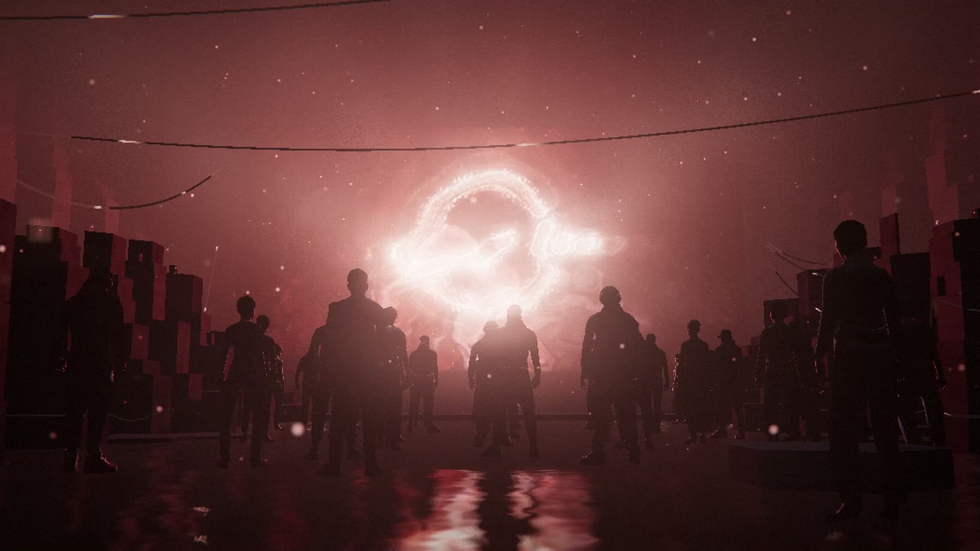 A crowd of silhouetted figures in a red-lit cavern, facing the glowing Solarflare logo on a monolith screen