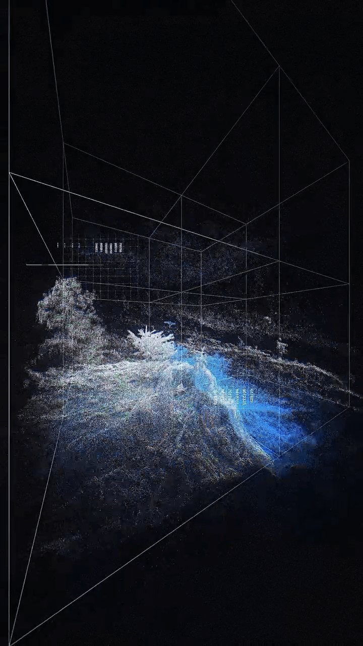A pointcloud landscape of blue and white particles inside a wireframe room